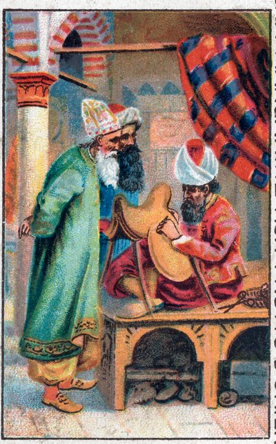Sindbad laver en sadel. Sømanden Sinbads (Sindbad) vidunderlige eventyr. Populær fortælling om 1001 nætter (et tusinde og en nat). Kromolitografi i slutningen af det 19. århundrede. af Unknown artist