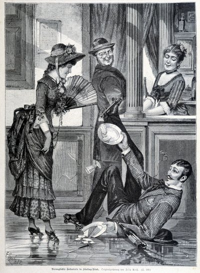 Skøjtescene i et bryggeri. En dreng falder og knækker de plader, han havde på (1883). af Unknown artist