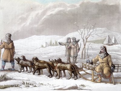 Slæde af Kamtchadales trukket af hunde, Sibirien. Tegning af Gallina f. Bibliotek for dekorativ kunst i Paris. ""Det gamle og moderne kostume"" af Unknown artist