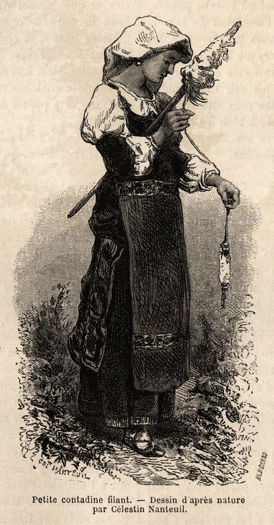 Lille contadin (bonde) fra Roms omgivelser, spinder uld med sin spindel. Gravering til illustration af rejsen til Rom, af Francis Wey, i 1864-1870, udgivet i "Le tour du monde"" 1870-1871, redigeret af Edouard Charton, udgave Hachette, Pari af Unknown artist
