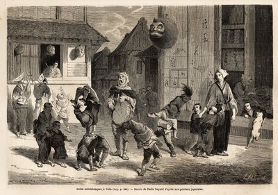 Små saltbanker, der udfører akrobatiske numre i musik i gaderne i Yedo (eller Edo, den kejserlige hovedstad, det nuværende Tokyo). Gravering til illustration af rejsen til Japan i 1863-1864 af Aime Humbert, minister for Det Schweiziske Forbund, i "" Le tou af Unknown artist