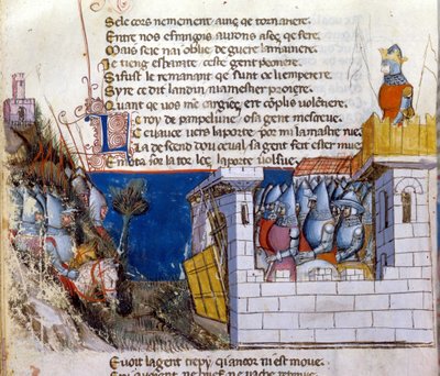Sang af gestus: en hær pågriber for at angribe fjendens hær tilflugt i et slot og beskyttet af vindebroen. Miniature fra det fransk-italienske manuskript "" Entree d