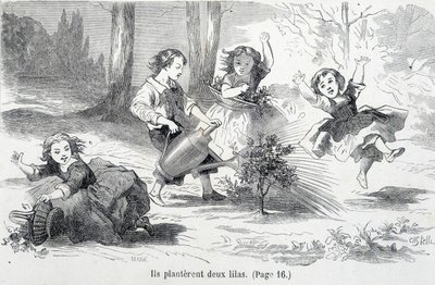 Sophie og hendes venner planter lilla - i "The misfortunes of Sophie"" af grevinden af Ségur, Hachette af Unknown artist