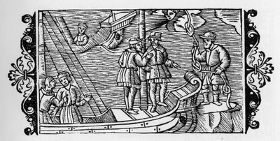 Troldmand, der sælger til sømænd vindene låst i de tre noder af et reb - i "Historia de Gentibus Septentrionalibus" (Historien om folkene i Norden) af Olaus Magnus, Rom 1555 af Unknown artist