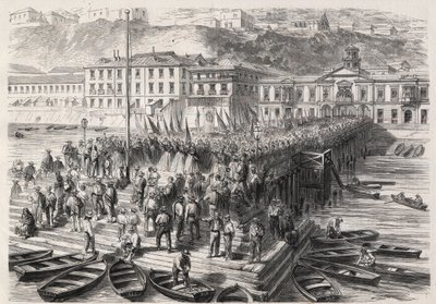 Sydamerikansk Hispano-krig mellem Chile og Spanien, september 1865: damerne fra Valparaiso, i nærværelse af den spanske eskadron, der blokerer havnen, synger patriotiske salmer - indgravering i "" The Illustrous World" af Unknown artist