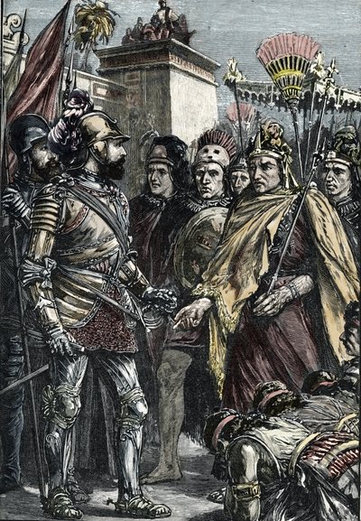 Spaniernes erobring af Mexico: møde mellem Hernan Cortes og Montezuma II i 1519 af Unknown artist