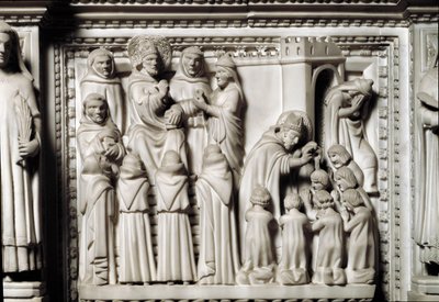 Skt. Augustins ark med relikvier af helgenen, detalje af relieffet, der viser disputationen og dåben af St. Augustin. Marmor skulptur af Unknown artist