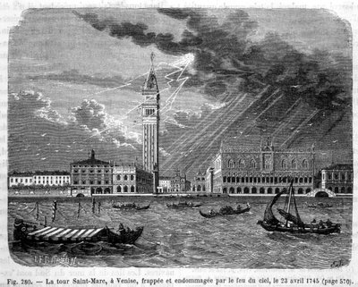 Markustårnet i Venedig ramt og beskadiget af himlens ild den 23. april 1745 - i "" Videnskabens vidundere"" af Louis Figuier af Unknown artist