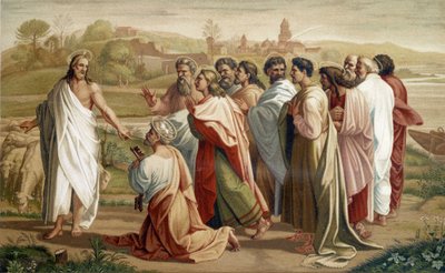 Sankt Peters mission: Jesus overlader sin hjord til Peter i nærværelse af de andre apostle - ifølge maleri fra det 16. århundrede af Unknown artist