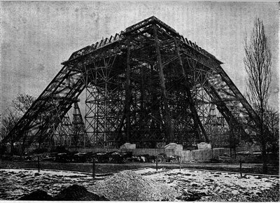 Status for byggeriet af Eiffeltårnet i Paris i begyndelsen af marts 1888, Indgravering i tidsskriftet "" la jeunesse"" af Unknown artist