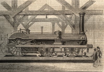 Damplokomotivmodel, Crampton-system ved navn Thomas Russell Crampton (1816-1888). Stik fra 1856. af Unknown artist