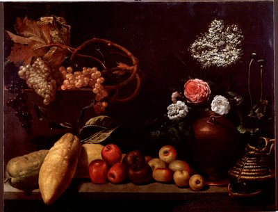 Stilleben med roser, buskeblomster, citroner og vindruer (maleri af Unknown artist