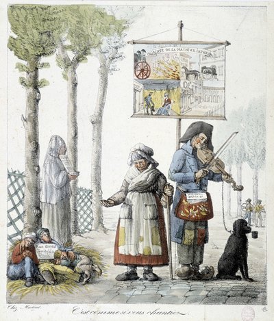 Gademusikere, tiggende børn - litografi af Unknown artist
