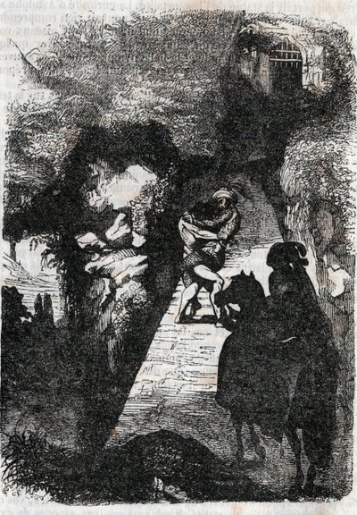 Kamp mellem Roland og Rodomont - indgravering af 1851 fra "" Furious Roland"" (Orlando furioso) (1500-tallet) af Ludovico Ariosto, kendt som Ariosta - Udgave oversat fra italiensk af greven af Tressan og udgivet af Gustave Harvard 1851 af Unknown artist