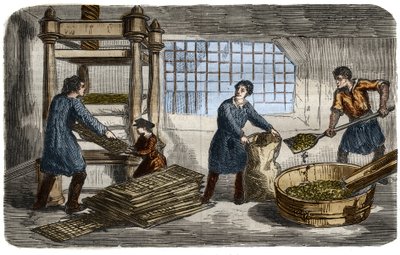 Sukkerfremstilling: udvinding af saft fra roemasse. Papirmassen er proppet i poser, der er stablet under bakken i en hydraulisk presse. Indgravering fra 1859. i "" Videnskabsmuseet"" af Unknown artist