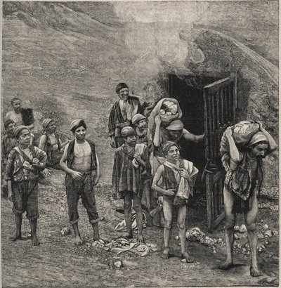 Svovludvinding (Zolfara) på Sicilien, tegning af Unknown artist