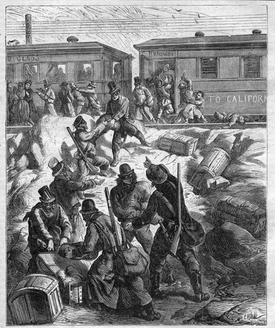 ANgrebet af FAR WEST TOGET - Pacific Railway - tog angrebet af briganders maske - gravering af 1887 af Unknown artist