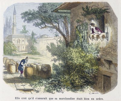 Fortælling: "" hun troede, at han sørgede for, at hans varer var i orden"" - i "" Tusind og en nat", red. Emile Guérin, fortalt af Md Bondet, Paris, n.d. af Unknown artist