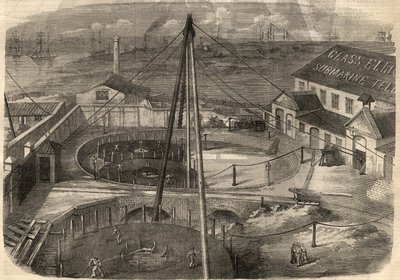 Telegrafi: Det transatlantiske kabel produceret på glasfabrikken, Elliot and Company i East Greenwich (England) er klar til at blive leveret. Indgravering i ""The Illustrated London News"" af 14. marts af Unknown artist
