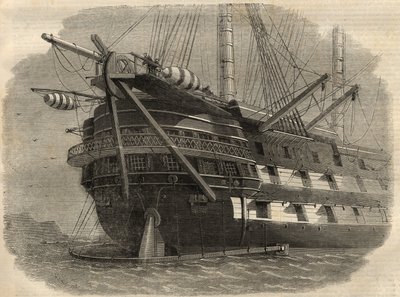 Telegrafi: udsigt til agterstavnen af skibet H.M.S. "Agamemnon"", som vil lægge det første transatlantiske kabel. Indgravering i ""The Illustrated London News"" af 5. juni af Unknown artist