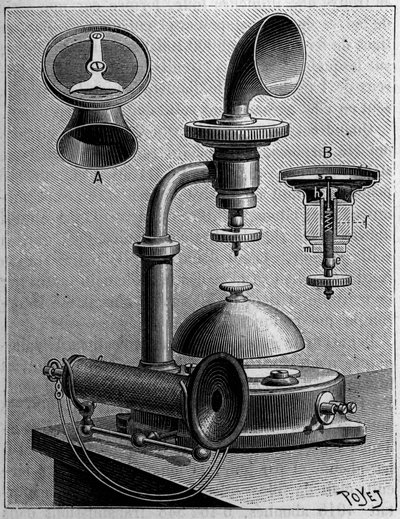 Telefoni i Sverige: model af en telefon fra Ericsson Company. Indgravering i "" La Nature: revue des sciences et de leurs applications aux arts et a l