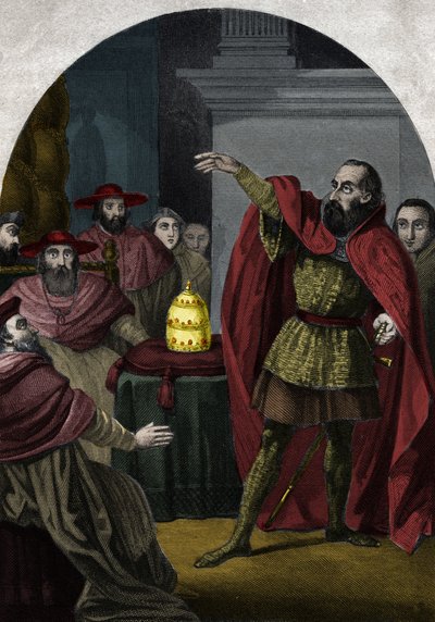 Modpaven Johannes XXIII (Antipapa Giovanni 23) (1410-1415) (Baldassarre Cossa) blev udråbt til suveræn pave af koncilet i Pisa i 1410. Indgravering fra 1842 i "Histoire des popes"" af Maurice Lachatre. Privat samling. af Unknown artist