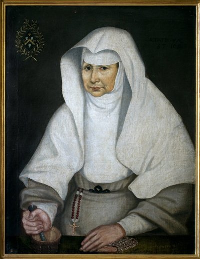 Apotekersøsteren Pierrette Monnet (1557-1628), på Hotel Dieu de Beaune. Repræsenteret med en morter og hans støder har sin hånd. Anonym maleri, olie på lærred af Unknown artist