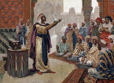 Den arabiske alkymist Geber (Jâbir ibn Hayyan) (v721-v815), enching kemi. Barcelona 1881 af Unknown artist