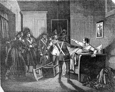 Det østrig-ungarske politi arresterede en carbonaro (carboneria, kulindustri), et medlem af det hemmelige politiske samfund. Indgravering af det 19. århundrede. af Unknown artist