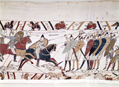 Slaget ved Hastings, vundet af Vilhelm I Erobreren (1027 - 1087) den 14/10/1066 og hvorunder kong Harold II af England døde (1022 - 1066). Bayeux-tapet, kendt som Broderi af Dronning Mathilde af Unknown artist