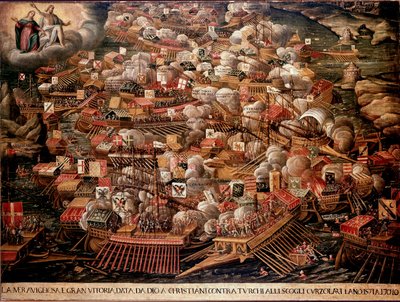 Slaget ved Lepante ud for Grækenlands kyst modsatte en spansk, venetiansk og pavestyrke til osmannerne i 1571. Anonymt maleri. 16. århundrede. Venedig Museo Correr af Unknown artist