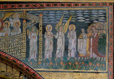 Den velsignede ledes af en engel: Detalje fra triumfbuen med det himmelske Jerusalem. Mosaik, begyndelsen af det 9. årh. S. Prassede, Rom, Italien - Visionen om det himmelske Jerusalem - de udvalgte, præsenteret for Sankt Peter og Sankt Paul af en engel, r af Unknown artist