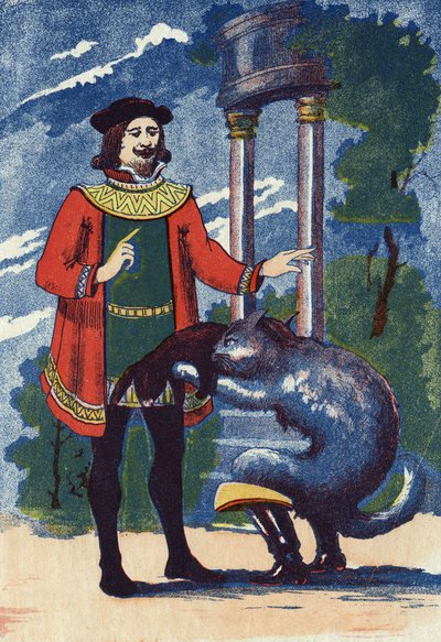Støvlekatten tilbyder en kanin til kongen. Illustration til "" Le chat Botte"", fortælling af Charles Perrault (1628-1703), fransk forfatter. Anonym illustration. Billedmateriale Marcel Vagne, Jarville Nancy, udateret (slutningen af det 19. århundrede). af Unknown artist