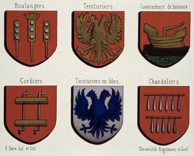 Gents våbenskjolde (eksempel på middelalderens våbenskjolde): Bagere, Farvere, Bådebyggere, Cordiers, Blåfarvere, Lysekroner af Unknown artist
