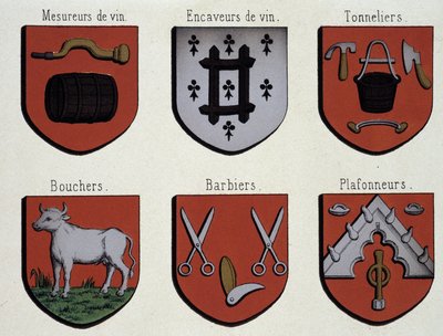 Gents våbenskjolde (eksemplar af middelalderens våbenskjolde): Vinmålere, vinhulere, bødkere, slagtere, barberere, lofter af Unknown artist