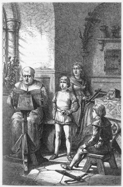 Constance Eveque læser den tyske historie i Conrad, kendt som Conradin de Hohenstaufen (1252-1268) og Frederic I af Baden-Baden ((Friedrich I von Baden-Baden) af Unknown artist
