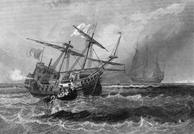 Corbin tabte på revet på Maldiverne 1. juli 1602. I "" General History of the Navy"" af Van Tenac af Unknown artist