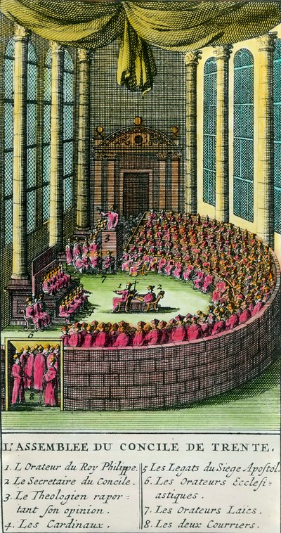 Koncilet i Trent. Illustration med beskrivelse af de tilstedeværende medlemmer ved forsamlingen. Koncilet i Trent blev indkaldt af pave Paul III (repræsentant for den romersk-katolske kirke) i 1545 som svar på anmodninger fra Martin Luther i f. af Unknown artist