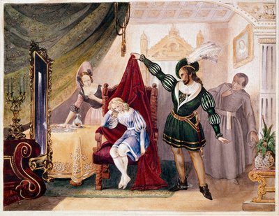 Greven gjorde fremskridt til Suzanne, mens Cherubin var skjult på stolen, fra Figaros bryllup af Mozart (gravering) af Unknown artist