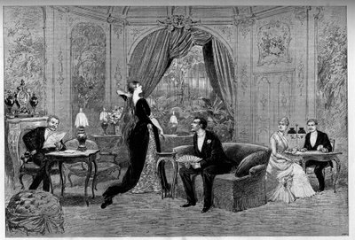 Greven af Riverolles, Francine, Stanislas de Grandredon, Therese Smith og Henri de Simeux, karakterer i stykket "" Francillon", komedie af Alexandre Dumas (1824-1895) spillet på Comedie-Francaise (1887) i Paris. Indgravering i "" Le monde illustriou af Unknown artist