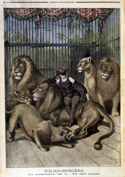Grevinden af X... og hendes løver på showet på Folies Bergères i Paris. I Le petit Journal, den 19/05/1895. af Unknown artist