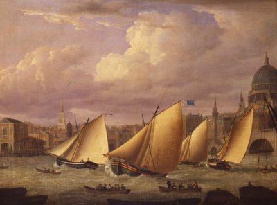 Cumberland Fleet kapsejlads over London Bridge, 1782 af Unknown