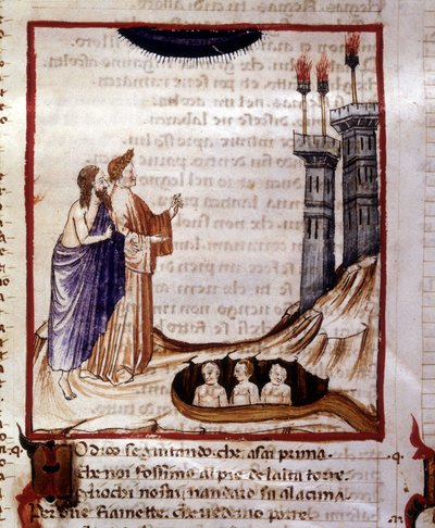 Den guddommelige komedie af Dante Alighieri. Helvede. Miniature, der forestiller byen Dity. 14. århundredes manuskript. Kommunal Bibl. af Rimini. af Unknown artist
