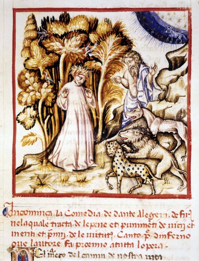 Den guddommelige komedie af Dante Alighieri. Miniature af Dante, Virgil og de tre bæster. 14. århundredes manuskript. Kommunal Bibl. af Rimini. af Unknown artist