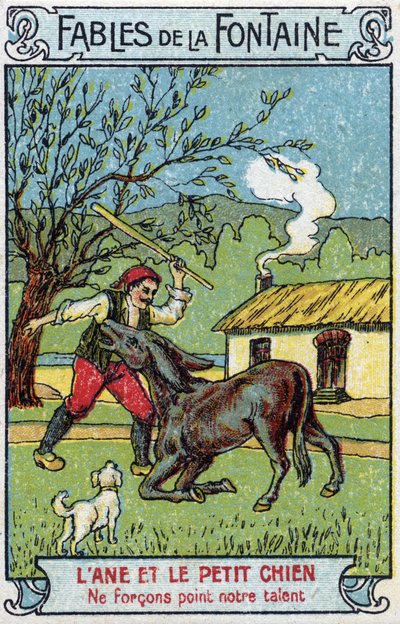 Æslet og den lille hund - fabler af Jean de La Fontaine (1621-95) Kromolitografi fra slutningen af det 19. århundrede Privat samling af Unknown artist