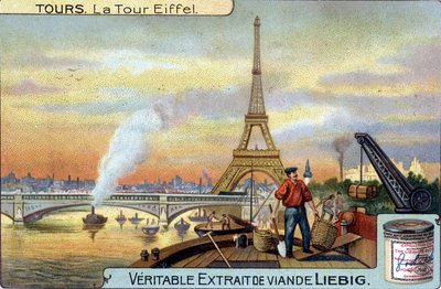 Eiffeltårnet set fra Seinen i Paris om aftenen. af Unknown artist