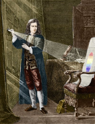 Den engelske fysiker Isaac Newton (1642-1727) nedbryder lys med et prisme af glas. Stik fra 1880. af Unknown artist