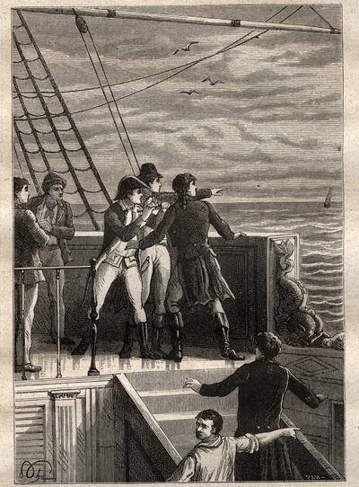Ekspeditionen til de sydlige lande (1800-1803) af Nicolas Baudin (1754-1803): sømænd ud for New Holland (Australien) rapporterer om et slør i horisonten - illustration taget fra "The Great Mariners of the 18th century" af Unknown artist