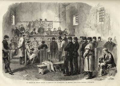 The Fenian Insurrection, inquest on Mr Cleary in the Courthouse at Kilmallock - 1867 - En retssag mod fenianere for Court of Kilmallock i Irland - 1867 - gravering fra "The Illustrous Universe"" fra 1867 af Unknown artist