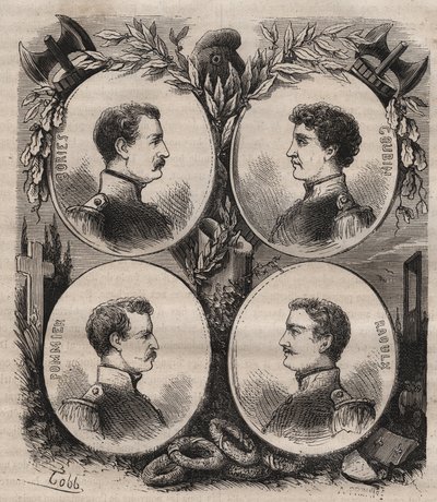 De fire sergenter (Jean Francois Bories (1795-1822), Jean Joseph Pommier (1796-1822), Marius Claude Raoulx (1797-1822)) og Charles Goubin (1798-1822) fra La Rochelle anklaget under restaurationen for at ville vælte monarkiet og guillotinerne i 1822 af Unknown artist